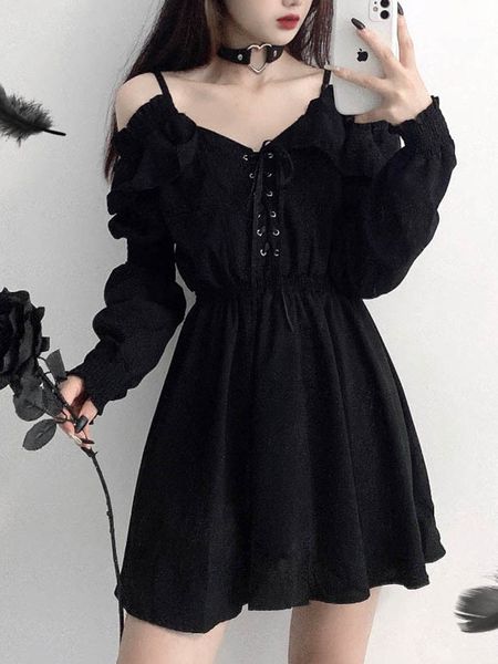 

casual dresses jmprs large size gothic women black mini dress off shoulder high waist tunic ladies party dress long sleeve v neck vestidos 2, Black;gray