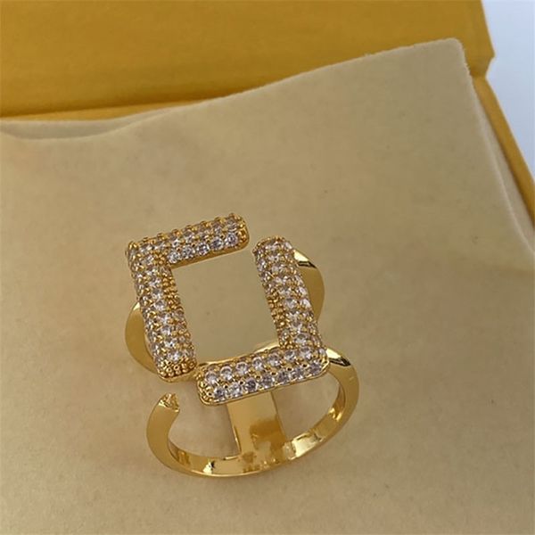 

devided letters composition cluster rings women square pattern design ring with diamond dual ring elegance temperament jewelry, Golden;silver