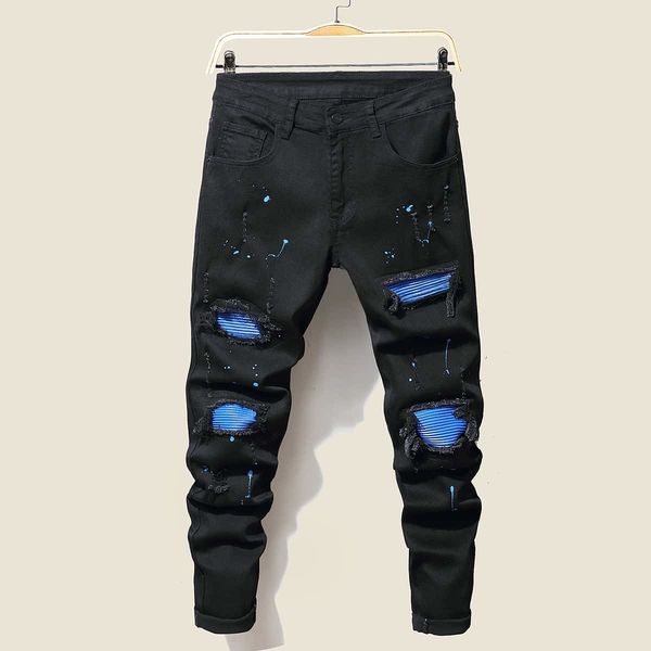 

men's jeans cool ripped skinny trousers stretch slim denim pants large size hip hop black blue casual jogging for men 230227