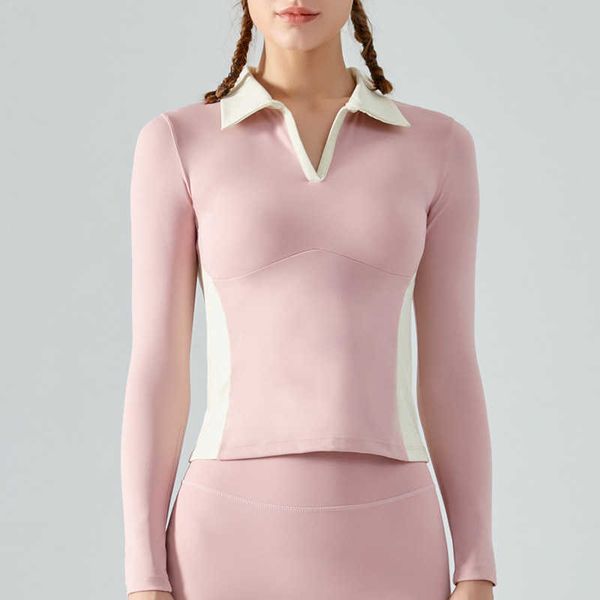 

designer autumn and winter yoga suit women's lapel waist side contrast color slimming lululu sports nude fitness quick-drying long slee