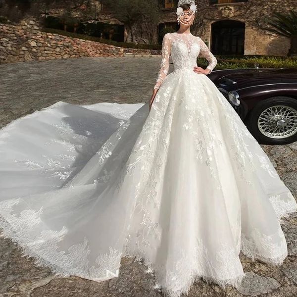

long sleeves wedding dresses bridal gown jewel neck lace applique sweep train custom made tulle beach plus size vestido de novia, White