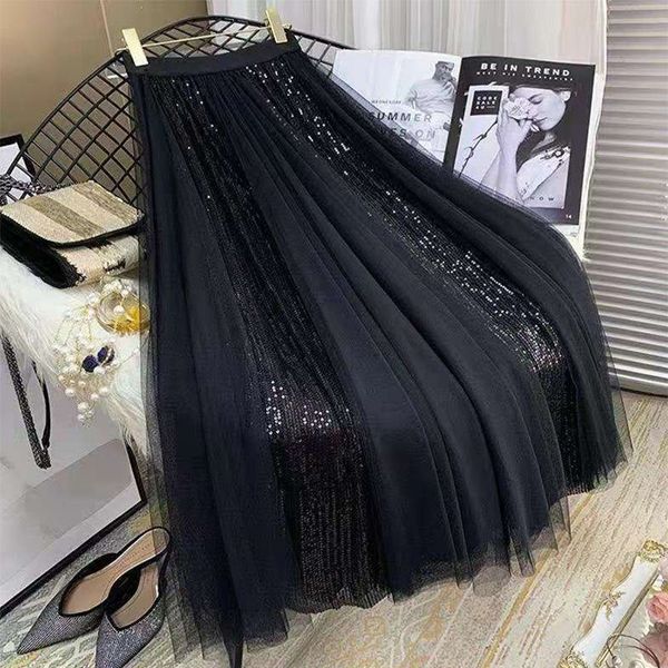

skirts spring summer skirt all-match high waist large hem mesh stitching glitter a-line skirt 230227, Black