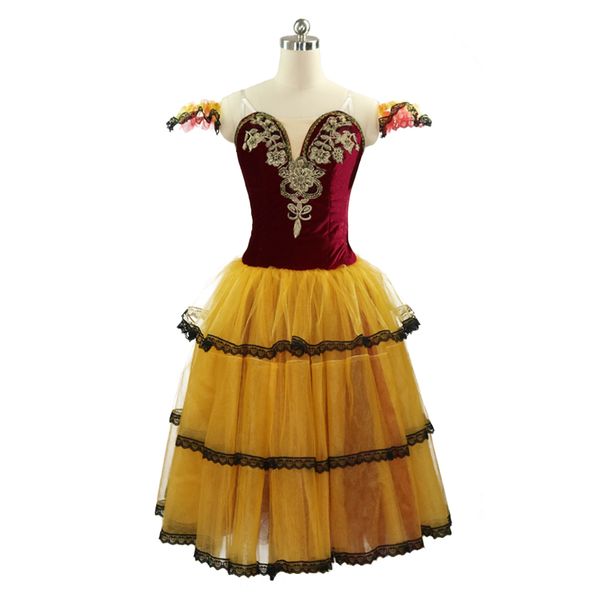 

stage wear burgundy yellow ballet dress women 3 layers of soft tulle don quixote velvet competition ballet tutu dress for girls performance, Black;red