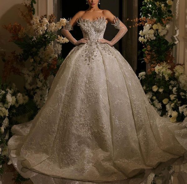 

luxury ball gown wedding dresses sleeveless bateau sequins appliques beaded 3d lace ruffles diamond pearls bridal gowns plus size custom mad, White