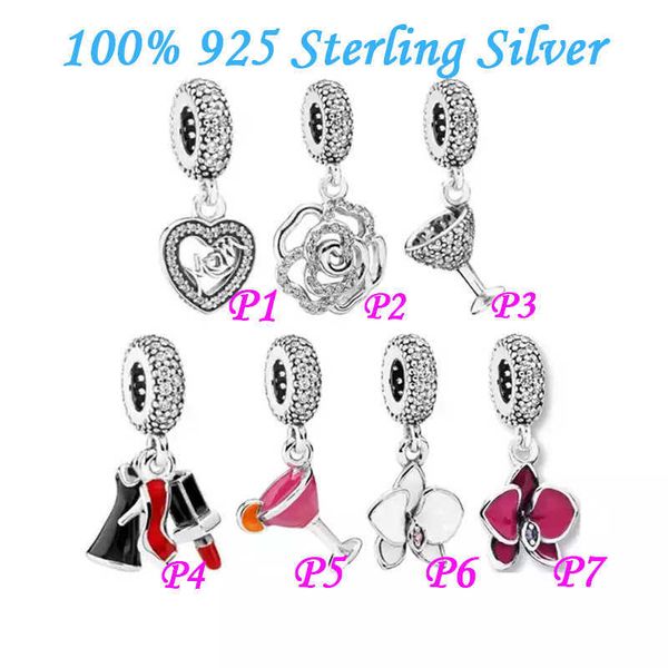 

charm bracelets % 925 sterling silver enamel orchid cocktail glass lipstick high heels skirt mom mother's day pendant lady bracelet cha, Golden;silver