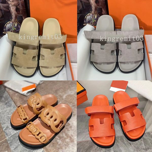 

designer chypre sandals suede sandal men women slippers genuine leather slides thick bottom rubber sole shoes calfskin slipper marine green, Black