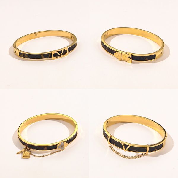 

wholesale fashion bracelets women bangle designer lucky letter jewelry faux leather 18k gold plated stainless steel bracelet womens wedding, Black