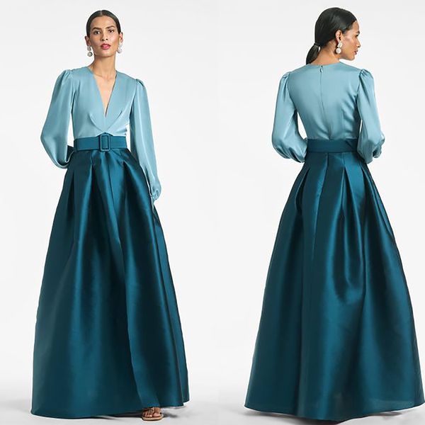 

elegant prom dresses a-line v-neck long sleeves satin with a belt high side split custom made zipper floor length evening dress plus size ve, Black
