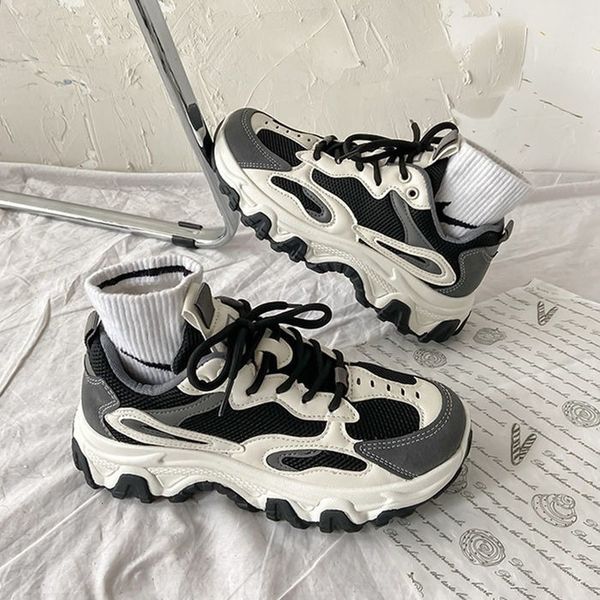 

dress shoes fashion platform summer shoes breathable mesh streetwear zapatillas mujer casual students patchwork outside sports sneakers 2302, Black