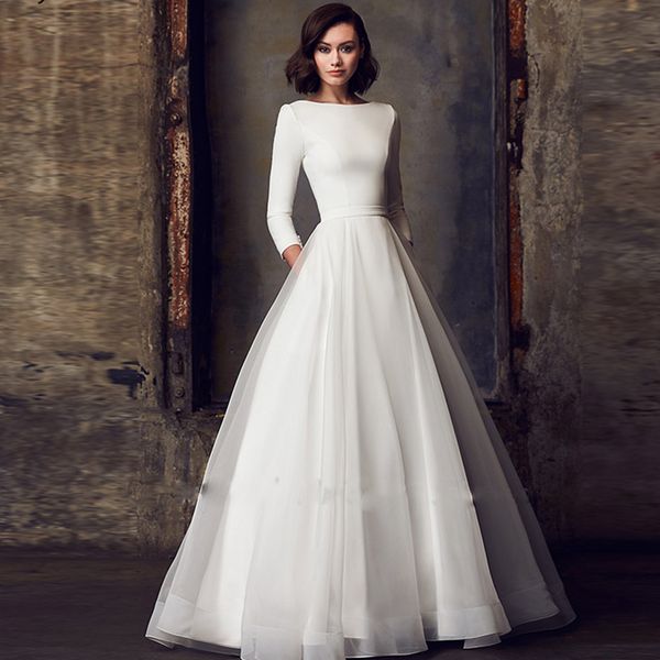 

elegant satin organza wedding dress for women 2023 white three quater sleeves a-line pockets vintage bride gowns simple robe de mariee