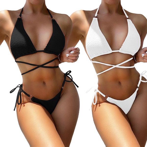 

new designer bikini swimsuit solid lacing women's split swimwear triangle bathing suit bikinis european and american style swim suit, White;black