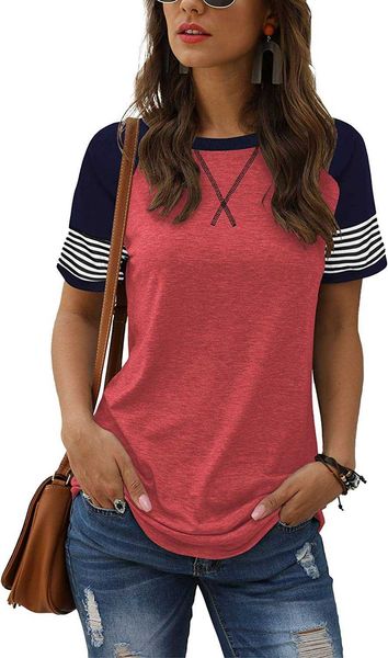 

women's short sleeve multiple color block t shirt casual crew neck striped shirts1uyl, White