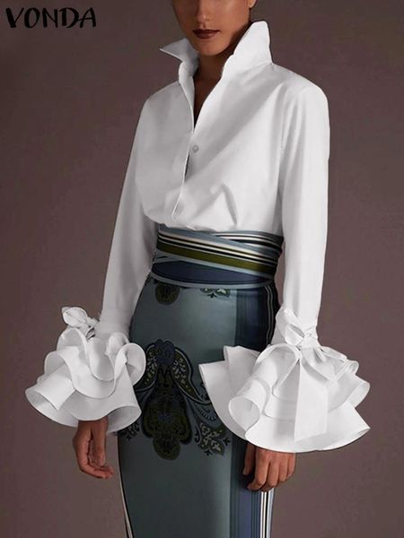 

women's blouses shirts women vonda spring summer turn-down collar flare sleeve party office shirt casual blusas 230227, White