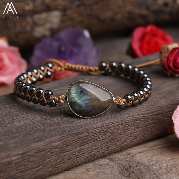 

charm bracelets natural stone heart charms beads yoga bracelet labradorite quartz beads knotted braided bracelet for women friendship jewelr, Golden;silver