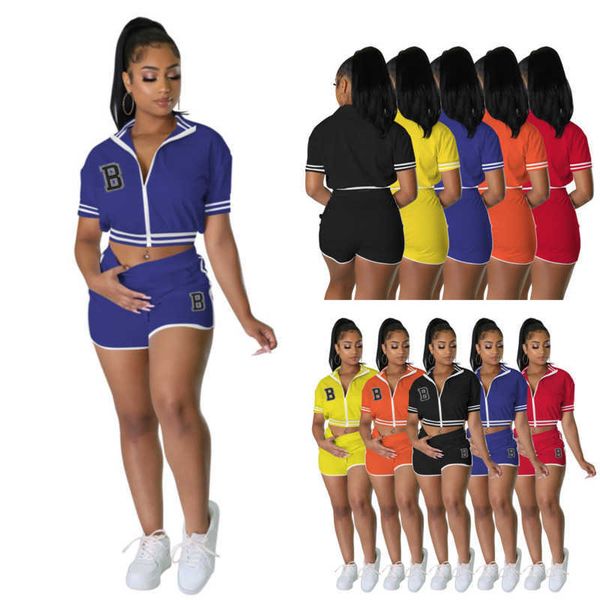 

wholesale 2023 summer women active tracksuits zipper short sleeve embroidered bomber two piece set casual jacket and shorts outfits, Gray