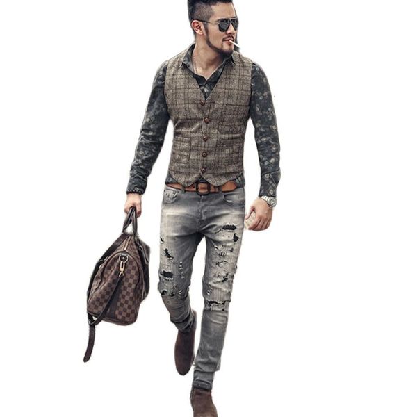 

men's vests mens suit men brown black waistcoat vest man plaid steampunk jacket striped tweed v neck slim fit gilet wedding clothing 23, Black;white