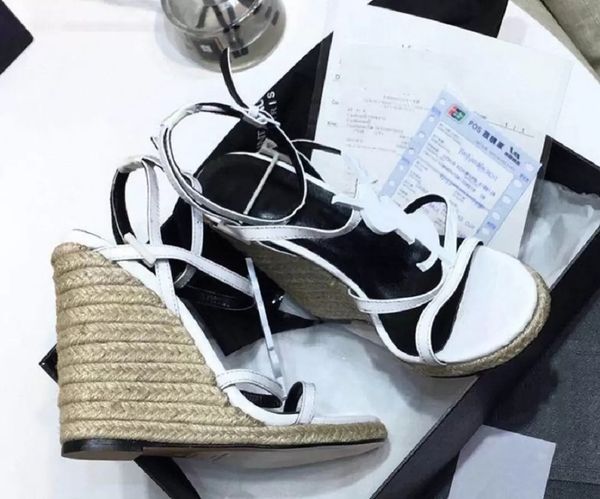 

newsdesigner cassandra wedge espadrilles designer sandals leather pumps straw weaving parting wedding dress shoes ankle strap platform sanda, Black
