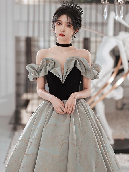 

cyan gray evening dress stitching boat neck off shoulder a-line french style temperament female clothing party gowns quinceanera, Black;red