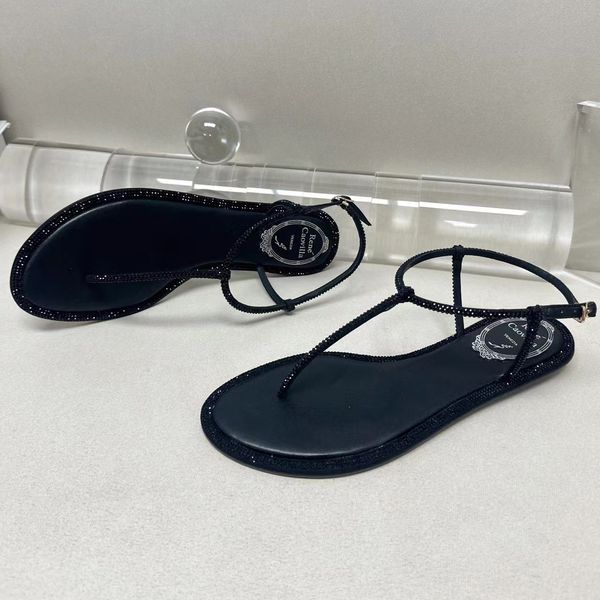

flat sandals pin rhinestone toe lace decorative ankle band luxury designer dress shoe fashion factory quality womens casual beach shoes rene, Black