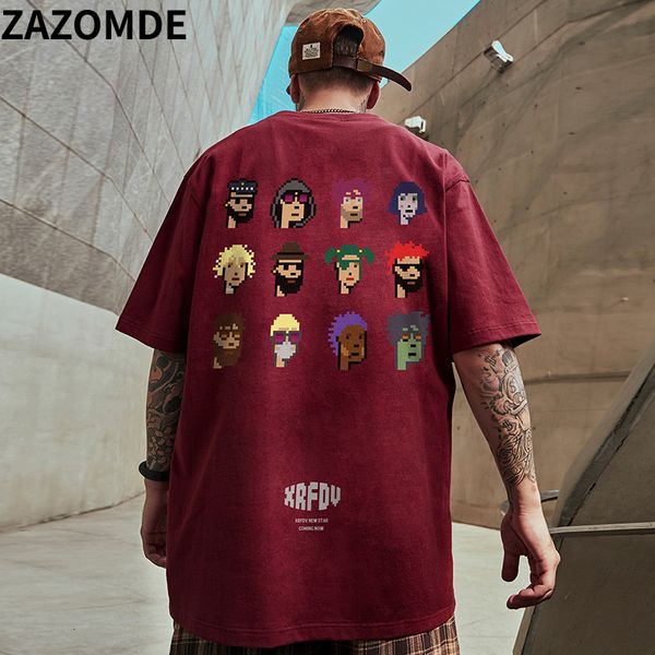 

men's tshirts zazomde 2023 arrival fashion oneck pixel person t shirt men hip hop tshirt summer heavy loose man cotton print cartoon te, White;black