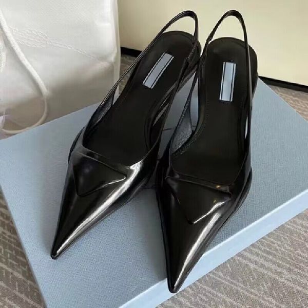 

2023 women sandals pointed toe leather strange heels designer prd pumps party dress sandals zapatos de mujer, Black