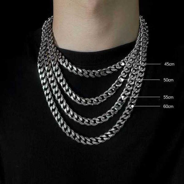 

single-button six-sided grinding necklace titanium steel 316 cuban chain men's hand polishing chain trend aggressive necklace hip-hop, Silver