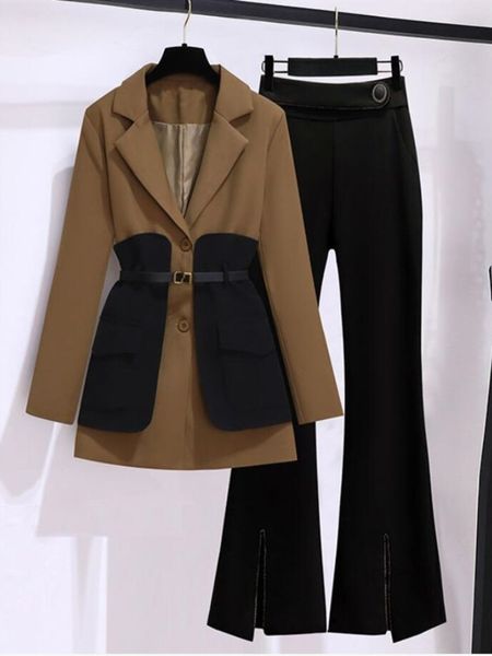 

womens suits blazers autumn winter fashion splice suit coatmicro flare pants two piece korean elegant chic jacket matching sets 230227, White;black