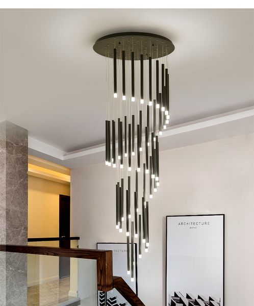

modern led staircase chandelier duplex loft pendant lamp nordic living room lamp villa spiral staircase black long hanging light