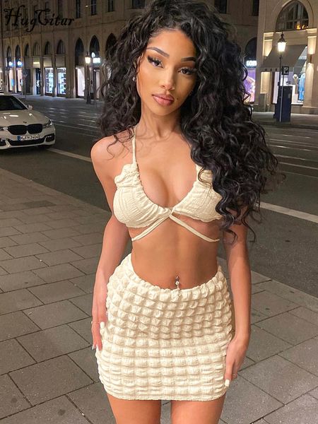 

womens two piece pants hugcitar solid halter draped bandage crop skirts 2 pieces set summer women fashion elegant slim outfits holiday party, White