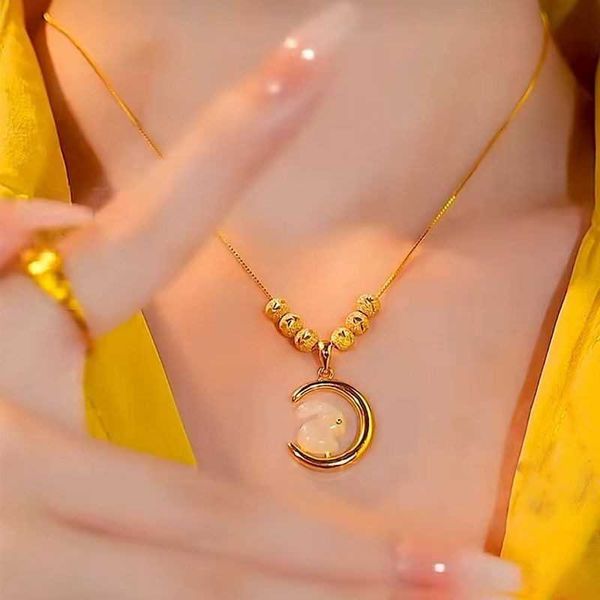 

red agate cross chain women's fairy curly edge color moon rabbit zodiac jade rabbit moon watching necklace, Silver