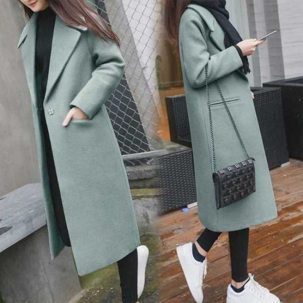 

women's wool blends sping autumn fashion single button coat lady casual jacket solid thin long 230227, Black