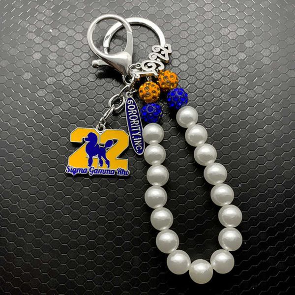 

greek letter society sigma gamma rho sorority jewelry poodle pendant metal keychain white pearl chain key ring, Silver