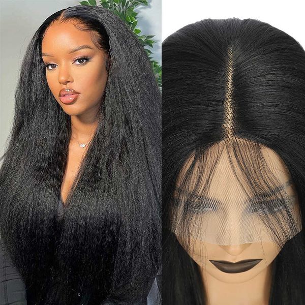 

synthetic wigs yaki straight lace front wigs pre plucked kinky with baby hair 150% density wig for women full glueless 230227, Black