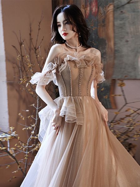 

elegant champagne evening dress ruffle off the shoulder beading backless lace up tiered long a line prom gowns 2023 new woman, Black;red