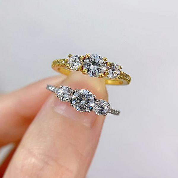 

three-stone diamond ring 100% real 925 sterling silver party wedding band rings for women men engagement jewelry gift, Slivery;golden