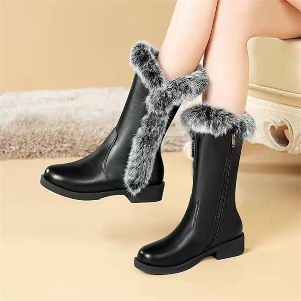 

boots nvzhen rabbit hair thickened warm cotton winter fashion large flat heel side zipper versatile snow 230227, Black