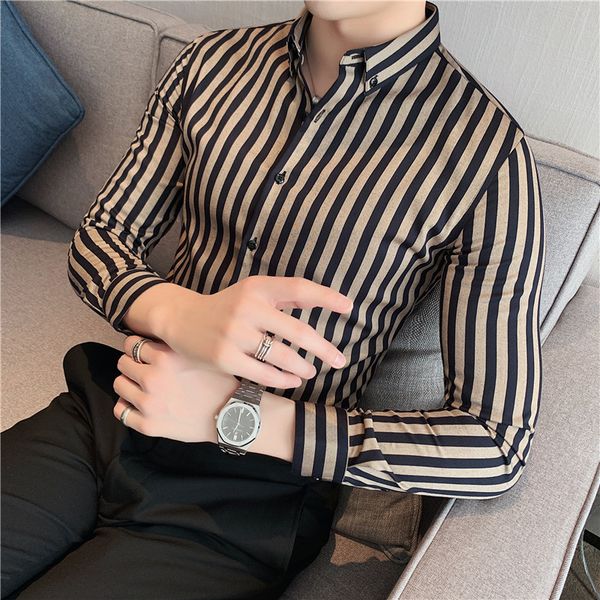

men's casual shirts masculina spring shirts men dress vertical stripe streetwear slim men shirt casual long sleeve chemise homme tuxedo, White;black