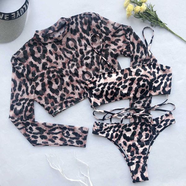 

women's swimwear long sleeve 3 piece swimsuit high cut leopard cover up push up bikini separate sports bandage bathing suit thong swimw, White;black