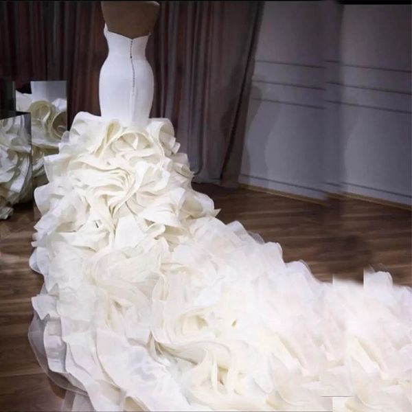 

plus size simple mermaid wedding dress with long cascading ruffles train organza tiers strapless wedding dresses mermaid pleats bridal dress, White