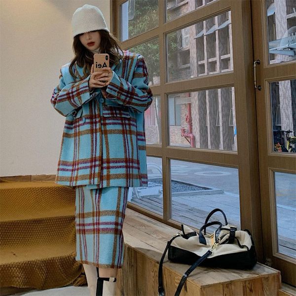 

two piece dress plaid tweed set casual blazer vintage thicken suits jacket high waist split skirt pieces sets women outfits office wear 230, White