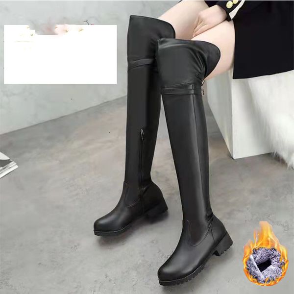 

boots women's large knee plush autumn winter fashion flat heel side zipper belt buckle long cotton 230227, Black