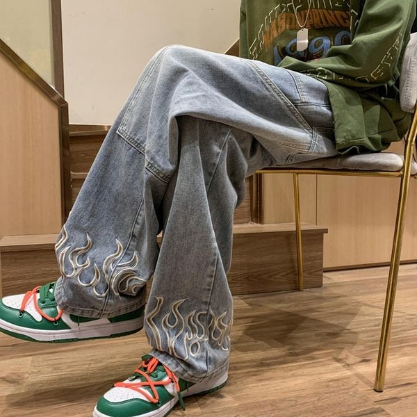 

men's jeans 2023 fashion flame embroidery black baggy men pants y2k clothes straight hip hop vintage denim trousers pantalon homme 2302, Blue