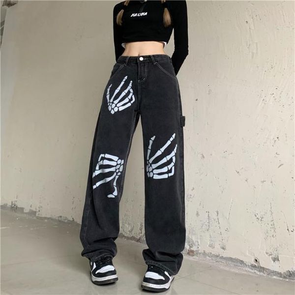 

women's jeans punk style harajuku skull white bone fashion jeans women loose straight-leg pants retro street women's pants denim j, Blue