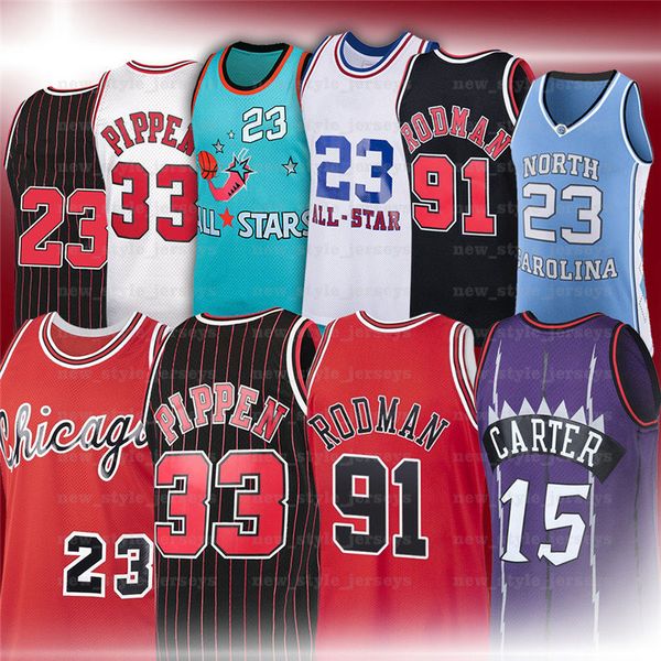 

ncaa mj basketball jerseys 33 scottie 91 dennis pippen rodman 15 vince 23 michaeljd carter retro 1995 1996 ness stitched z2zz, Black;red