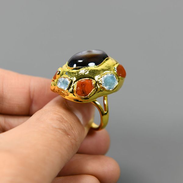 

natural quartz agate 24k gold plated rings larimar carnelian paved copper vintage gems ring lady simple gifts, Golden;silver
