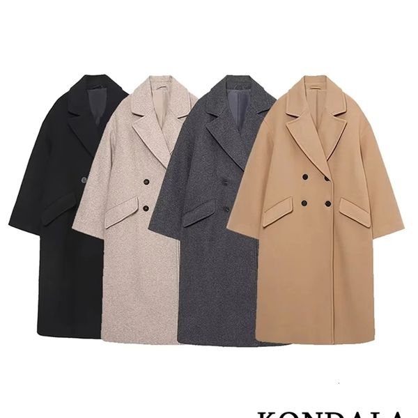 

women s jackets kondala women autumn winter thick wool long coats vintage v neck sleeve pockets fashion 2023 elegant female 230225, Black;brown