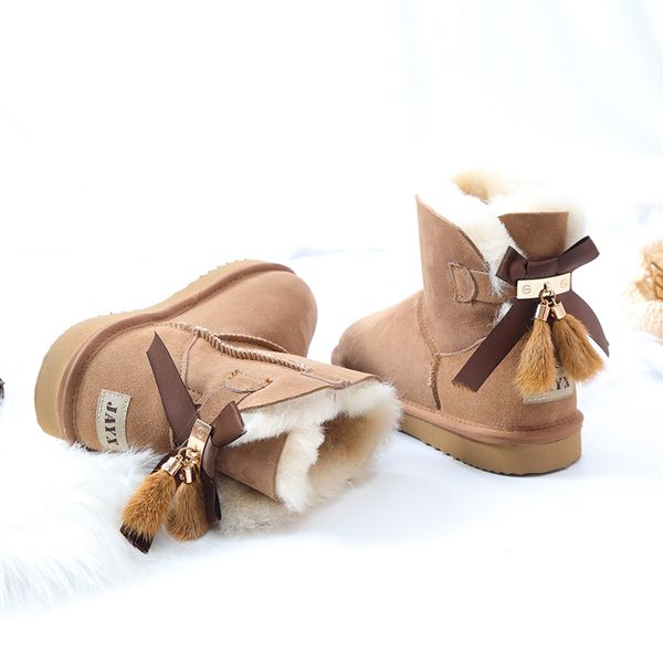 

boots fashion natural fur winter women snow real wool warm bow tassel genuine sheepskin leather nonslip 230227, Black