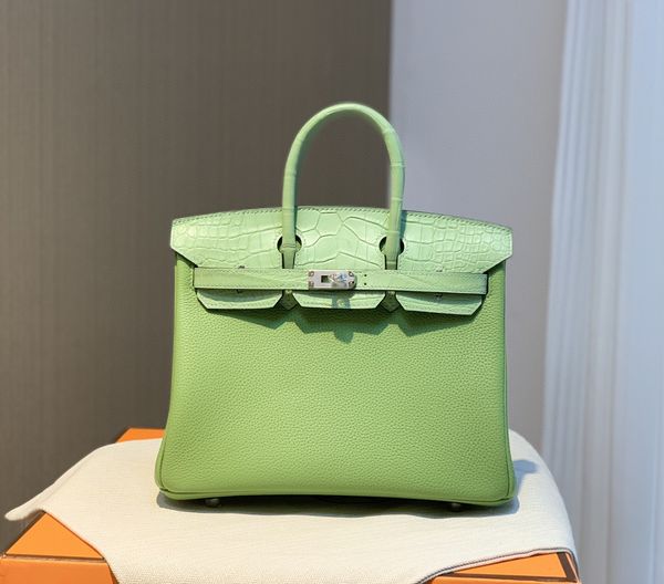 

25cm totes touch handbag brand purse fully handmade wax line stitching good quality togo leather and real crocodile skin black color factory