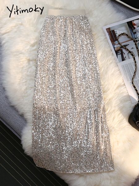 

skirts yitimoky sequin skirts womens club high fashion a line high waisted hippie skirts elastic band midi long skirt 230227, Black