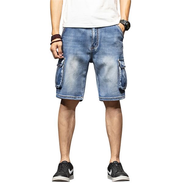 

shorts jeans men summer knee length hombre denim short straight male cargo stretched mens plus size 42 44 46 48 jean men's, Blue